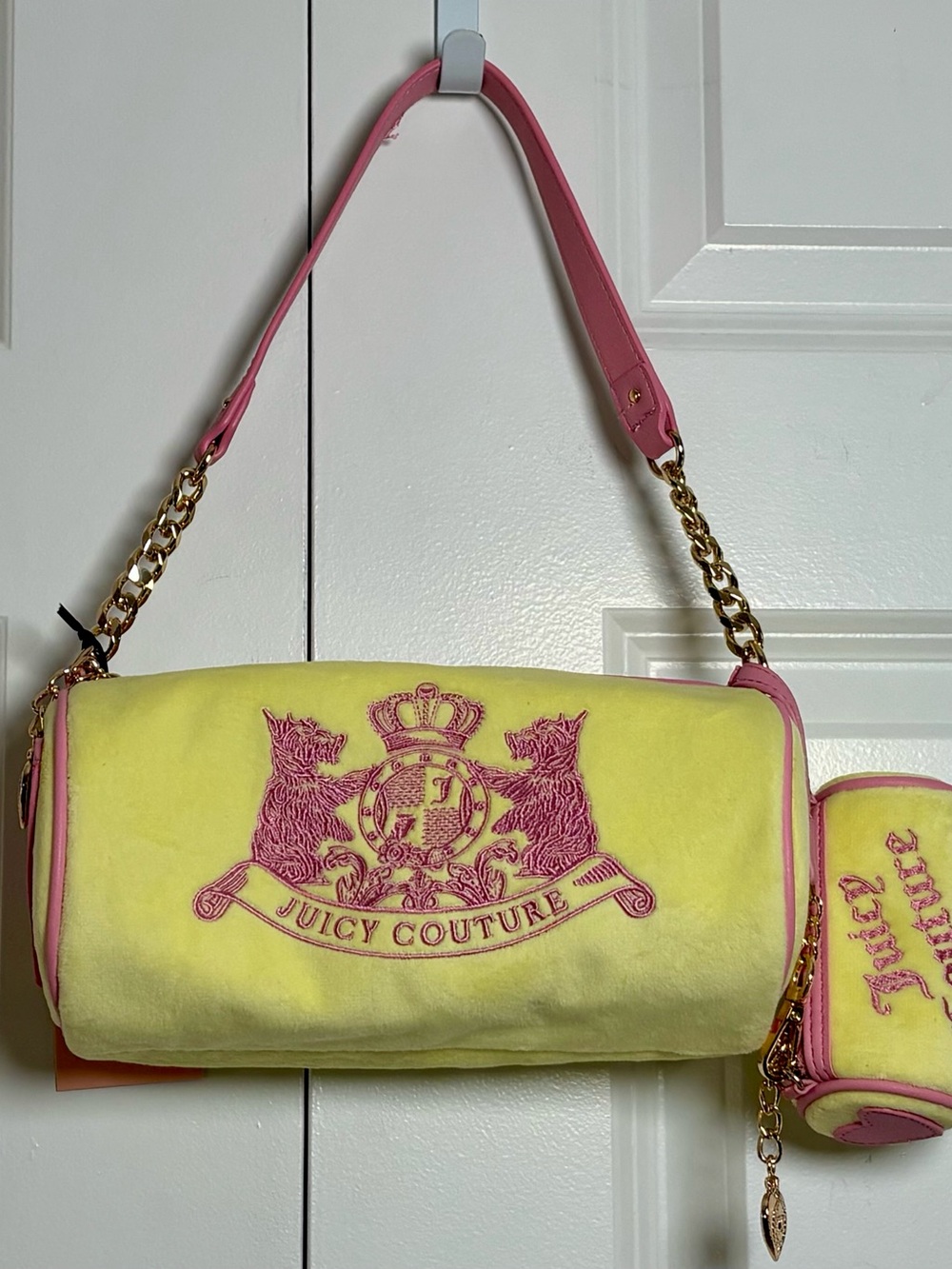 Juicy Couture Velour Yellow/Pink Logo Barrel Satchel Handbag